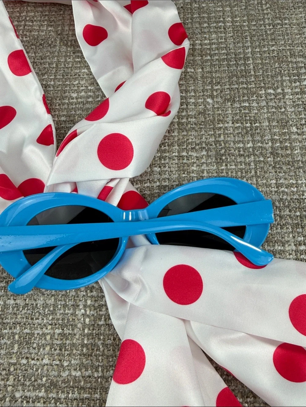 Polka Dot Hair Scarf - Pink on White and blue frame sunglasses 80’s 90’s Ya2K